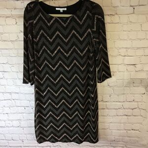 Studio One Black/Gray/Gold Sparkle 3/4 Sleeve Chevron Pattern Midi Dress Size 10